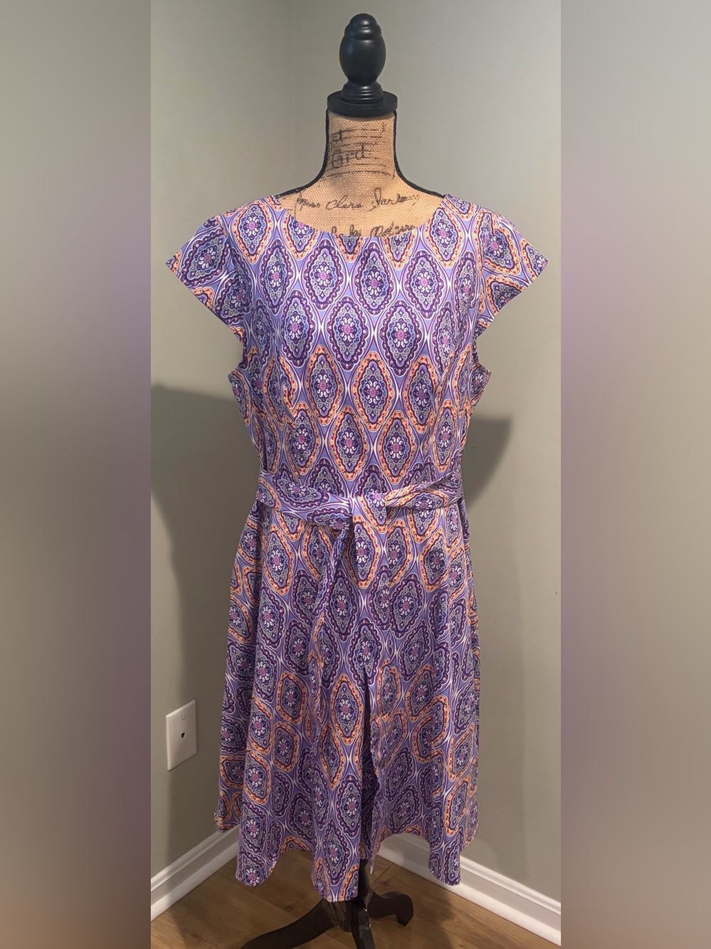 PUKAVT Retro Purple Geometric A-Line Midi Dress with Waist Tie - Sz 2XL